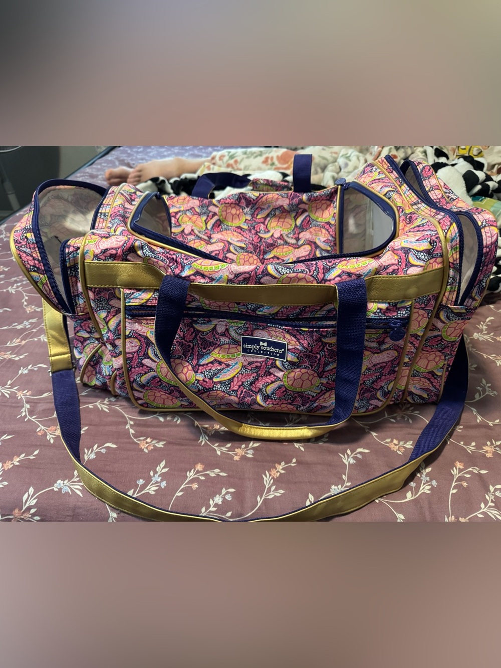Simply Southern Pink Paisley & Turtle Travel Duffel with Gold Trim